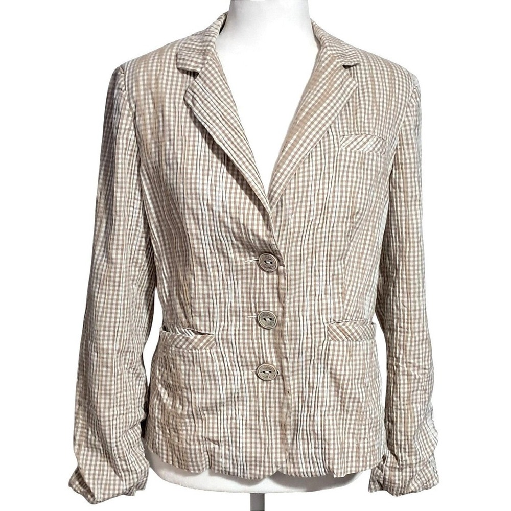 Cabi Blazer Women Medium Tan Gingham Crinkle 3-Button Floral Shoulder Pads 346